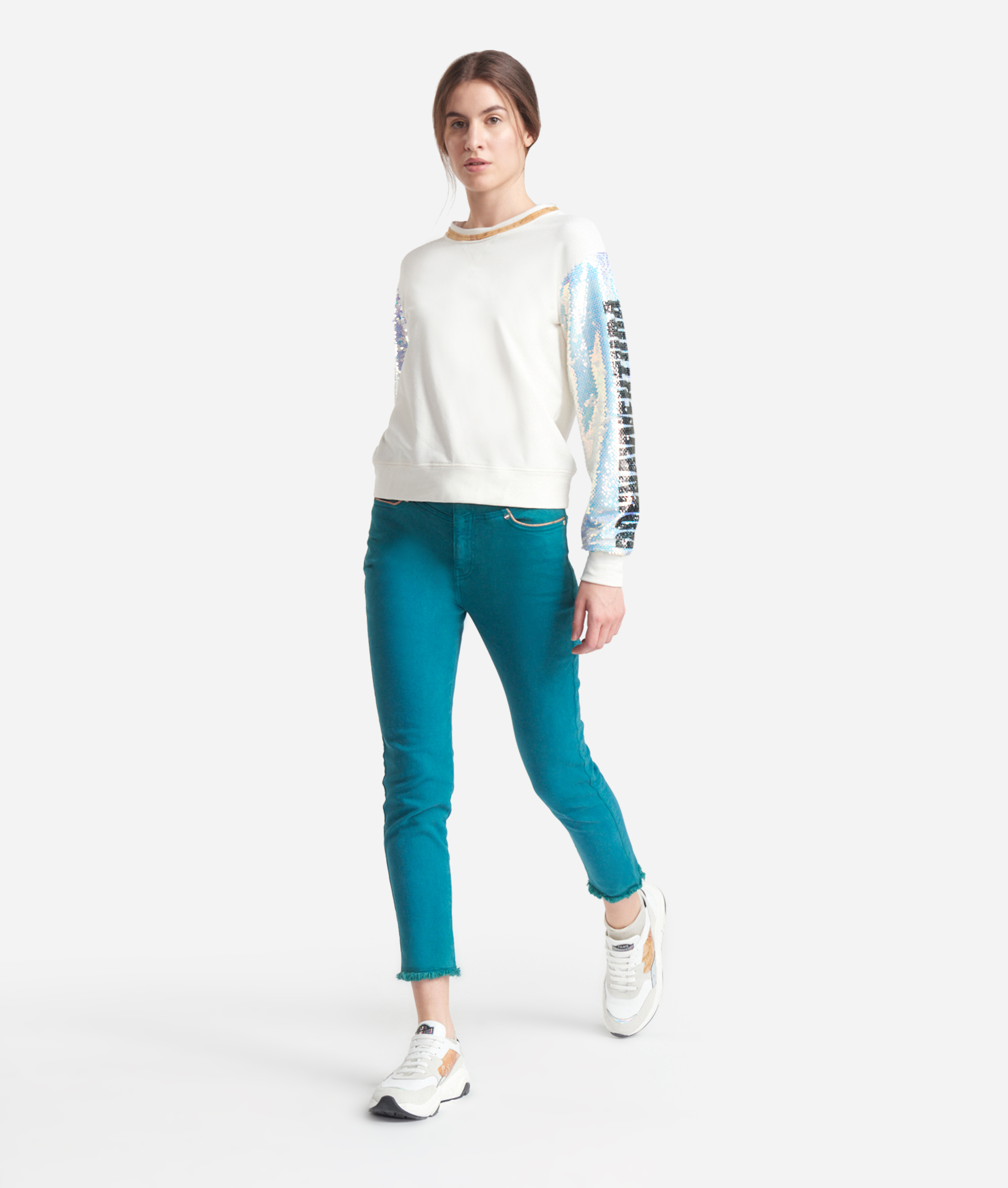Boxy sweatshirt with sequined sleeves White