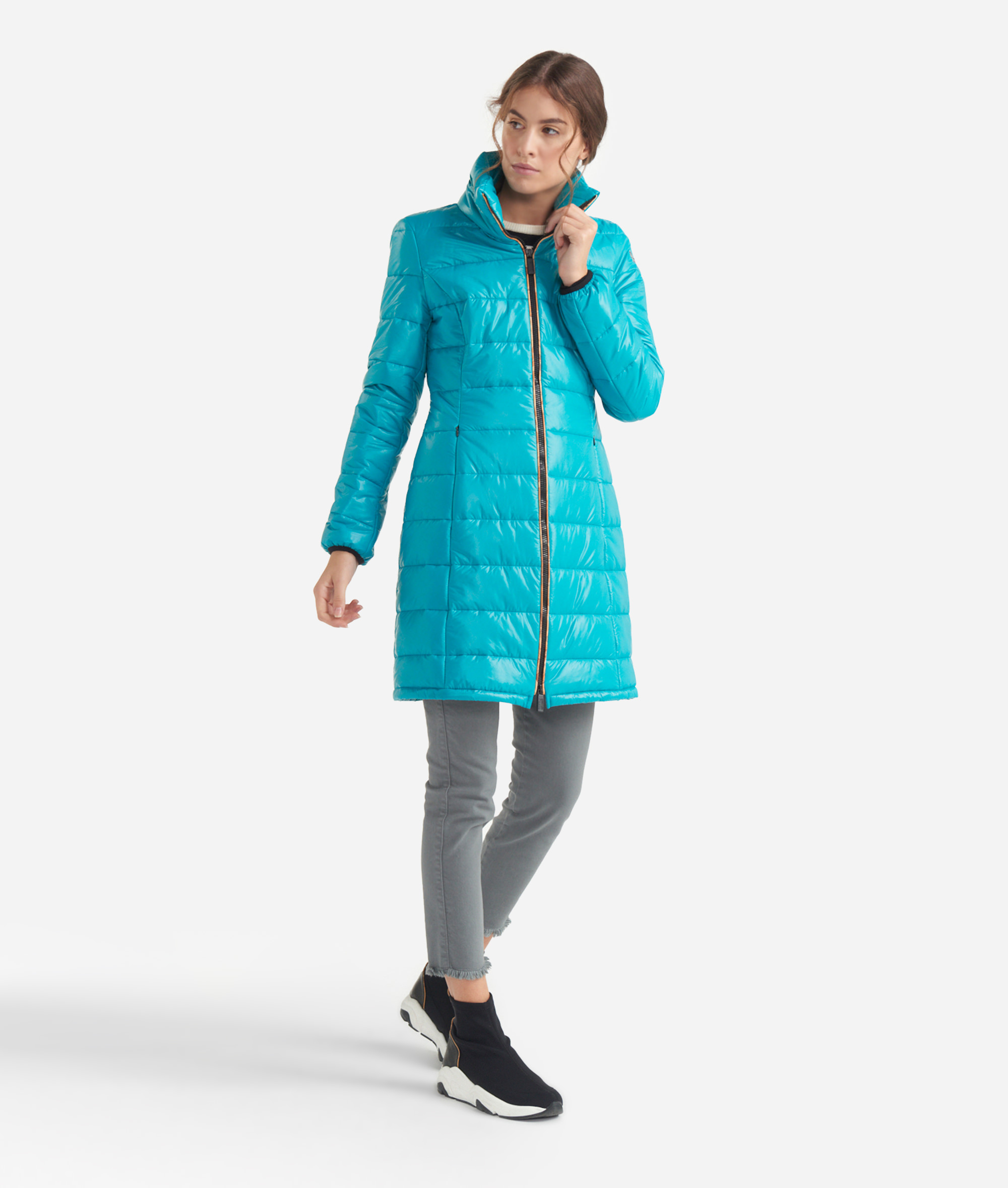 Long padded jacket with Geo Classic details Green