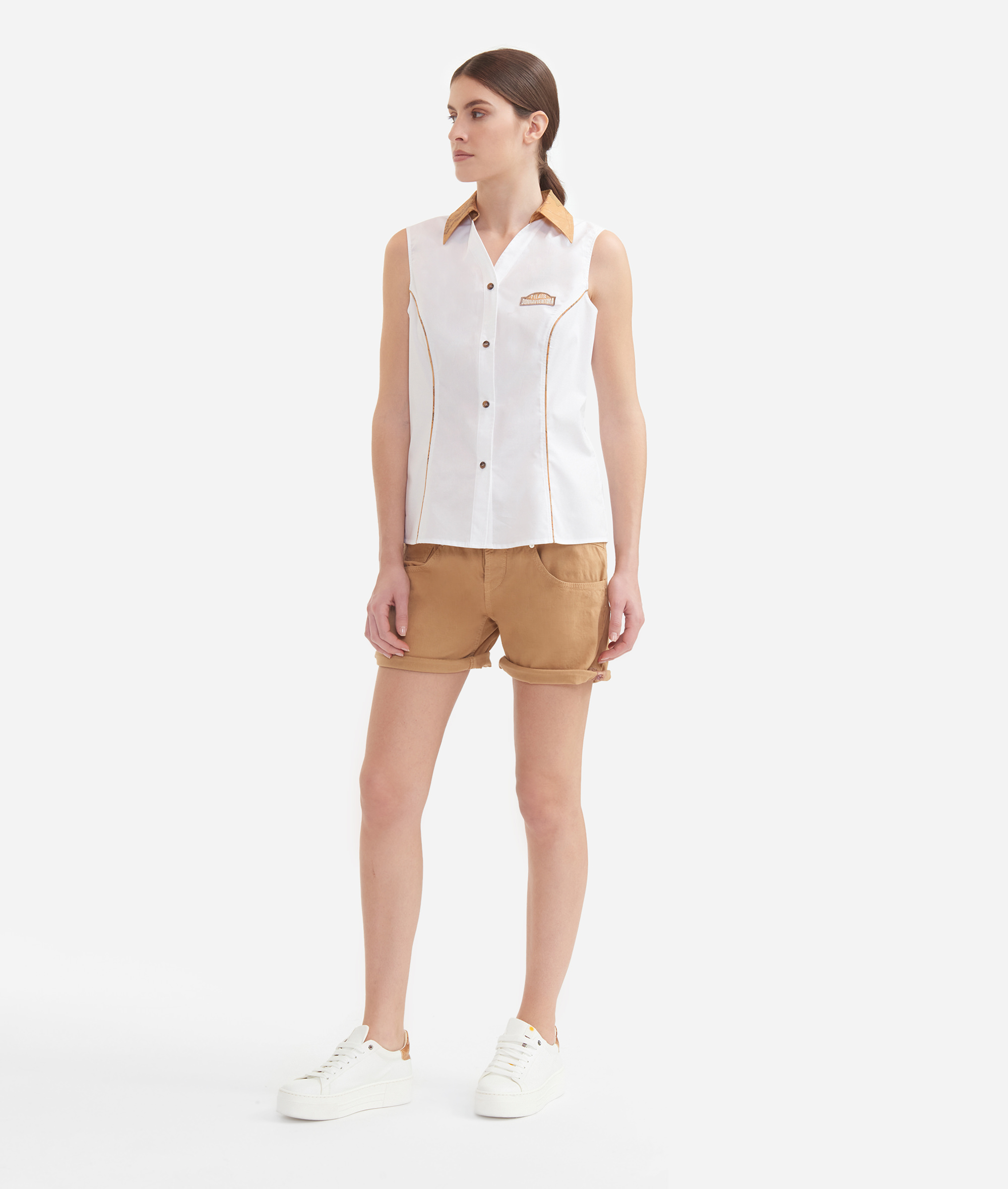 Camicia smanicata con colletto stampa Geo Classic in popeline di cotone croccante Bianca