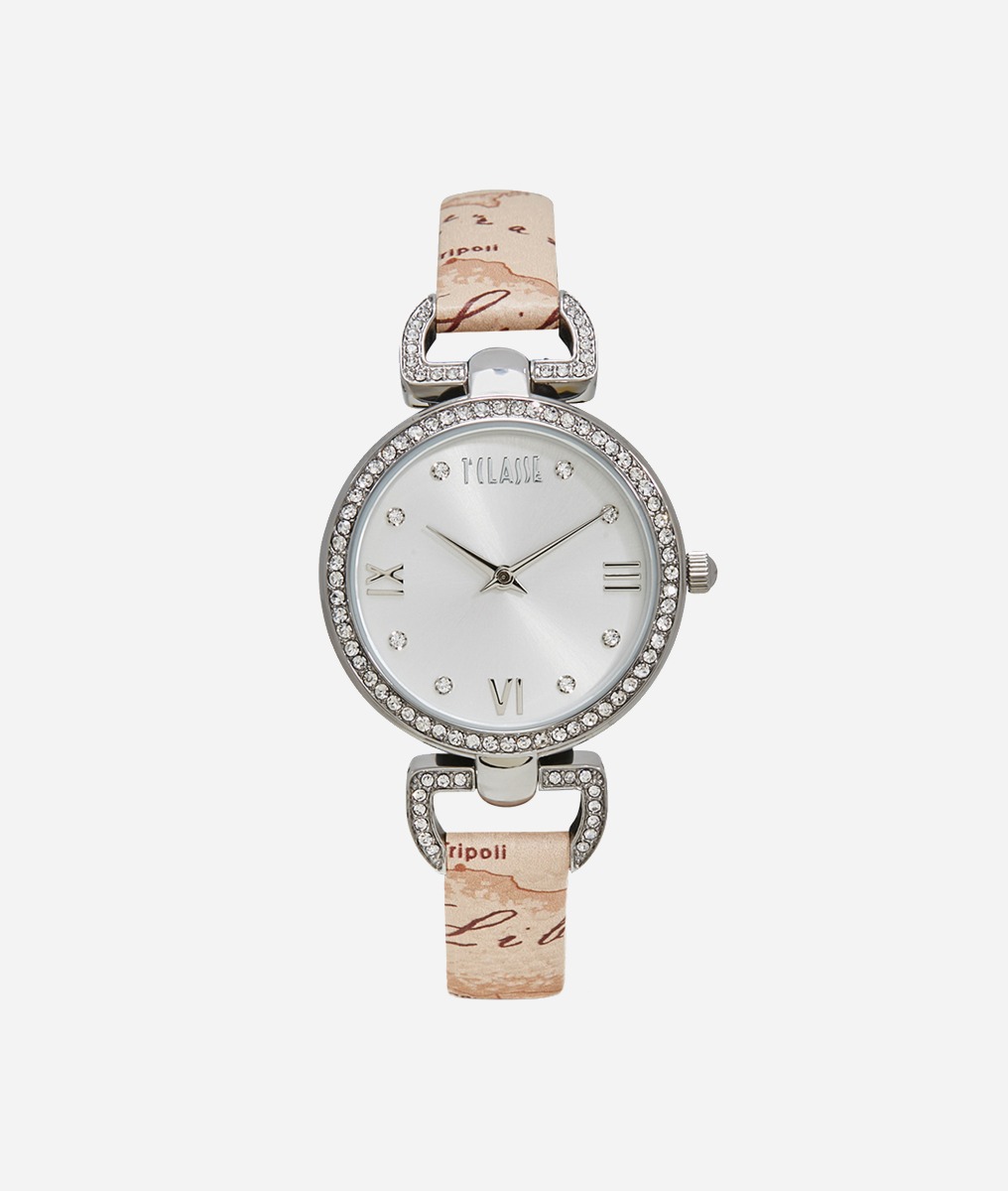 Madagascar orologio con cinturino in pelle e cristalli stampa Geo Beige