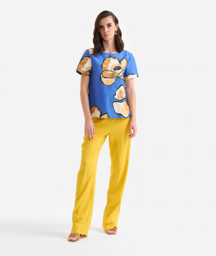 Geo Maxi Flower print stretch cotton poplin blouse Bluette