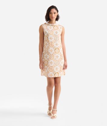 Geo Lace print viscose satin dress Natural